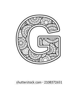 Vector Coloring page for adults. Contour black and white Capital English Letter G on a mandala background