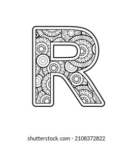 Vector Coloring page for adults. Contour black and white Capital English Letter R on a mandala background