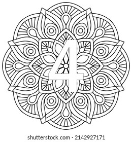 Vector Coloring page for adults. Contour black and white Number 4 on a beautiful mandala background svg