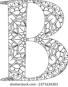 Página Coloración de vectores para adultos. Contemplar la letra mayúscula inglesa negra y blanca B en un fondo de mandala
