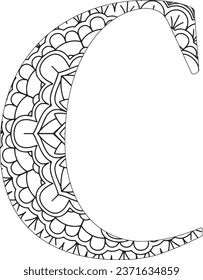 Vector Coloring page for adults. Contour black and white Capital English Letter C on a mandala background
