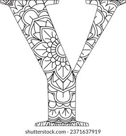 Vector Coloring page for adults. Contour black and white Capital English Letter Y on a mandala background