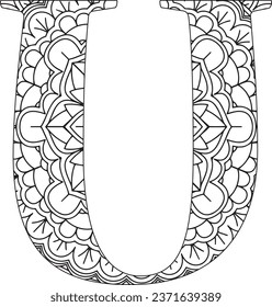 Vektorfarbseite für Erwachsene. Contour black and white Capital English Letter U on mandala hintergrund