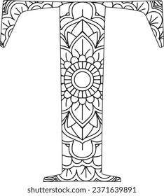 Vector Coloring page for adults. Contour black and white Capital English Letter T on a mandala background