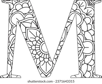 Vector Coloring page for adults. Contour black and white Capital English Letter M on a mandala background