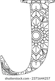 Vector Coloring page for adults. Contour black and white Capital English Letter J on a mandala background