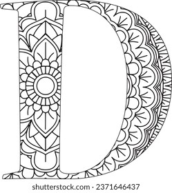 Vector Coloring page for adults. Contour black and white Capital English Letter D on a mandala background