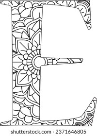 Vector Coloring page for adults. Contour black and white Capital English Letter E on a mandala background