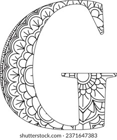 Página Coloración de vectores para adultos. Contemplar la letra inglesa en blanco y negro mayúscula G en un fondo de mandala