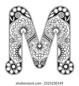 Vector Coloring page for adults. Contour black and white Capital English Letter M on a mandala background