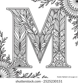 Vector Coloring page for adults. Contour black and white Capital English Letter M on a mandala background