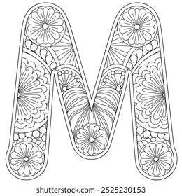 Vector Coloring page for adults. Contour black and white Capital English Letter M on a mandala background