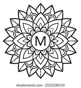 Vector Coloring page for adults. Contour black and white Capital English Letter M on a mandala background