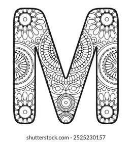 Vector Coloring page for adults. Contour black and white Capital English Letter M on a mandala background