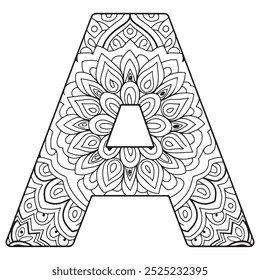 Vector Coloring page for adults. Contour black and white Capital English Letter A on a mandala background