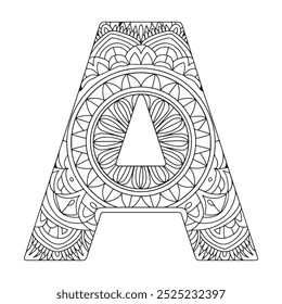 Vector Coloring page for adults. Contour black and white Capital English Letter A on a mandala background