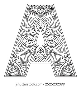 Vector Coloring page for adults. Contour black and white Capital English Letter A on a mandala background