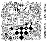 Vector Coloring page for adults. Queen of Chess. Black and white flower in a mandala style on a chess board
