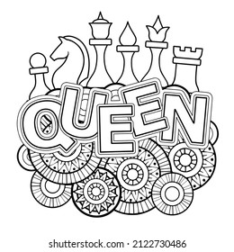 Vector Coloring page for adults. Queen of Chess. Black and white flower in a mandala style