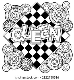 Vector Coloring page for adults. Queen of Chess. Black and white mandala on a chess board