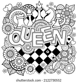 Vector Coloring page for adults. Queen of Chess. Black and white flower in a mandala style on a chess board