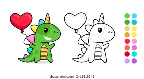 Vector coloring page with Baby Dino Unicorn hold heart balloon. Cute Kawaii Dinosaur  Unicorn for coloring page template with color palette. Coloring book for kids. Cartoon rainbow dinosaur unicorn