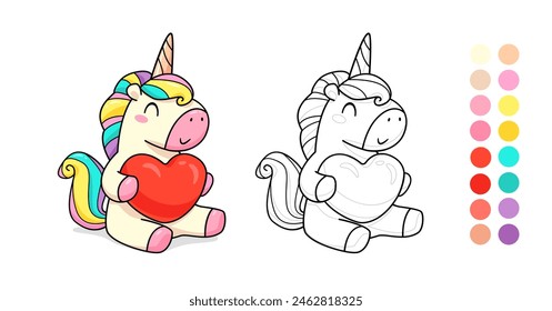 Vector coloring page with Baby Unicorn Pony hug Red Heart. Rainbow Pony Unicorn in love for coloring page template with color palette. Coloring book for kids. kids apparel print design