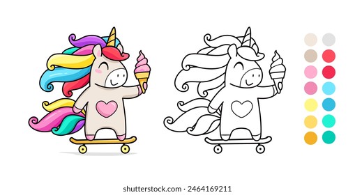 Vector coloring page with Baby Unicorn Pony hold ice cram. Rainbow Pony Unicorn riding a skateboard for coloring page template with color palette. Coloring book for kids. kids apparel print design