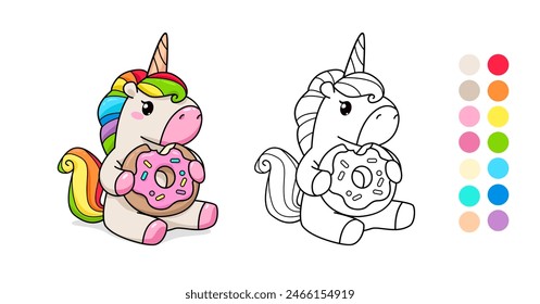 Vektorgrafik Malseite mit Baby Einhorn Pony Umarmung Donut. Nettes Kawaii Pony Einhorn Spielzeug für die Färbung Seite Vorlage mit Farbpalette. Malbuch für Kinder. Design für Kinderbekleidung