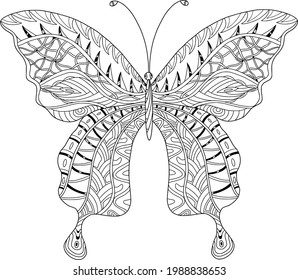Vector coloring page with a beautiful detailed pattern. Vector coloring book for adult for relax and medetation. Art design of a fictional butterfly