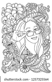 Vector coloring page. Beautiful woman and flowers. Doodles. Monochrome image. Black and white illustration