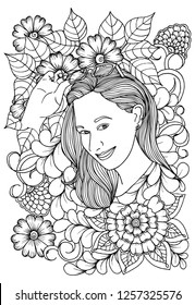 Vector coloring page. Beautiful woman and flowers. Doodles. Monochrome image. Black and white illustration