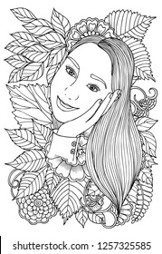 Vector coloring page. Beautiful woman and flowers. Doodles. Monochrome image. Black and white illustration