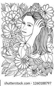 Vector coloring page. Beautiful woman and flowers. Doodles. Monochrome image. Black and white illustration