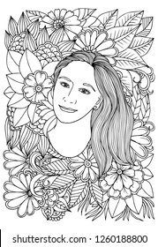 Vector coloring page. Beautiful woman and flowers. Doodles. Monochrome printed image. Black and white illustration