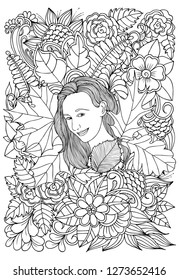 Vector coloring page. Beautiful woman and flowers. Doodles. Monochrome image. Black and white illustration