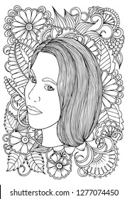 Vector coloring page. Beautiful woman and flowers. Doodles. Monochrome image. Black and white illustration