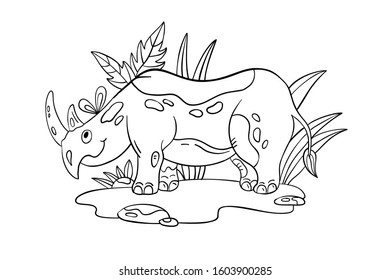 Vector coloring page with big rhinoceros. Cute outline illustration for kids isolated on white. Tropical mammal for coloring books, education materials and nursery posters.