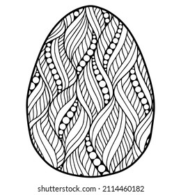 Vector coloring page. Black contour detailed easter egg in mandala style on white background