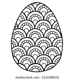 Vector coloring page. Black contour detailed easter egg in mandala style on white background