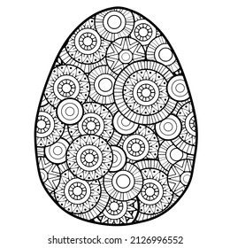 Vector coloring page. Black contour detailed easter egg in mandala style on white background