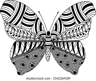 Vector coloring page with butterfly from zentangle patterns. Application in printed materials, creating coloring pages for children and adults.