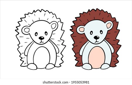 Vector coloring page cartoon character for children. Cute hedgehog. Line art and beast in color for example. Learning to drawing. 