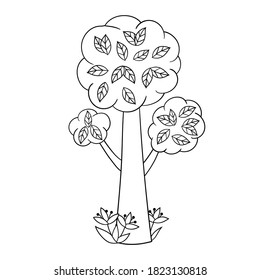 Vector coloring page, cartoon doodle tree with leaves