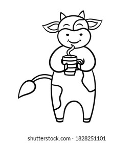 Vektorfarbseite mit Cartoon lustige Kuh trinken Kaffee oder Tee, Symbol von 2021