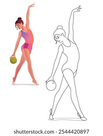 Vector para colorear con una chica gimnasta de dibujos animados. Balón de gimnasia rítmica. Mujer flexible hermosa que hace el funcionamiento en leotard colorido