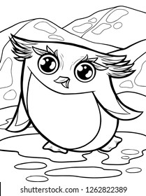 Vector coloring page for children. Cute animals coloring book for kids. Little chibi penguin isolated on white background.