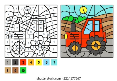 Vector coloring page for children education and activities. Puzzle game color by number tractor