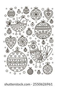 Vector coloring page with Christmas toys. Hand drawn doodle illustration. Winter antistress coloring book.