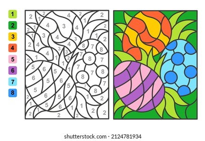 Página de coloreado de vectores Color por números Caza de huevos de Pascua. Juego de rompecabezas para la educación y las actividades infantiles